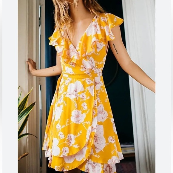 Free People Dresses & Skirts - Free People Dress French Quarter Yellow Floral Mini Wrap Size M